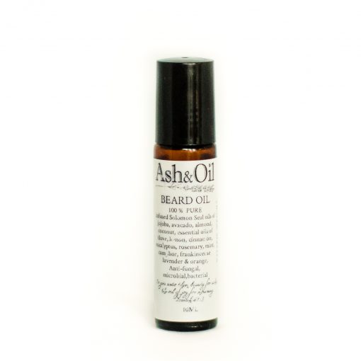 ash&oil infused beard oil in a 10 ml amber roller bottle